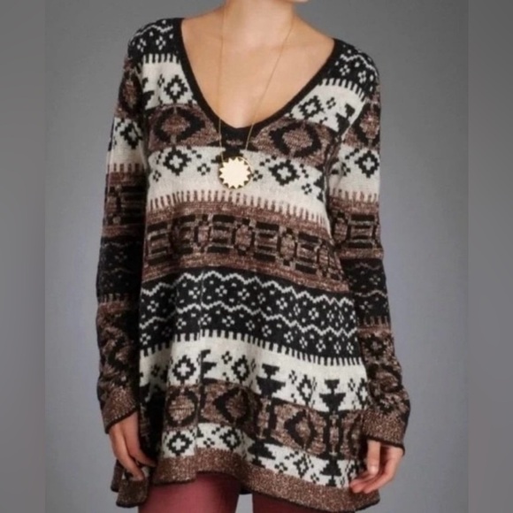 FREE PEOPLE Fair Isle Cabin Fever Sweater Tunic Wool Blends Long Nordic Geo Knit - Picture 4 of 15